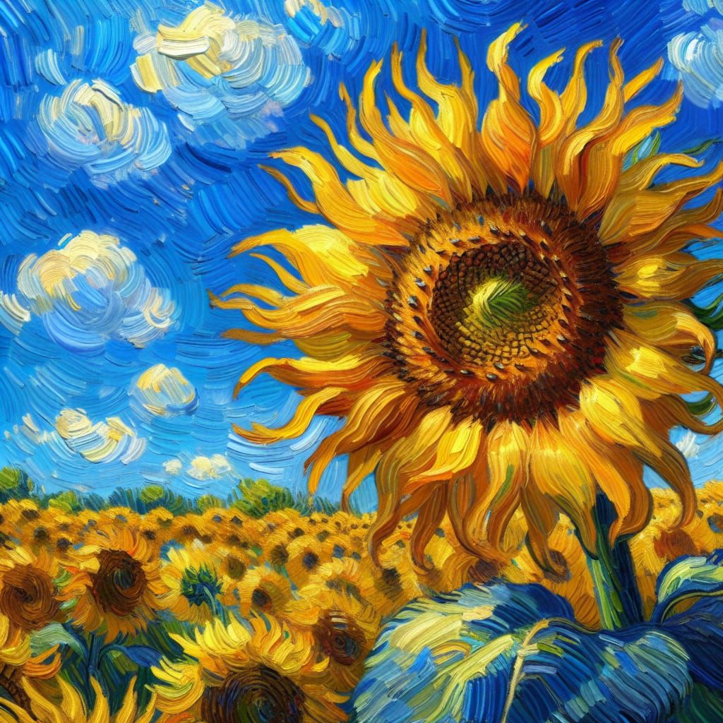 Golden Sunflower with Blue Sky as Impasto Painting