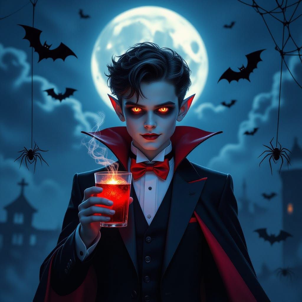 Teenage Vampire Boy in Black Suit with Red Bow Tie