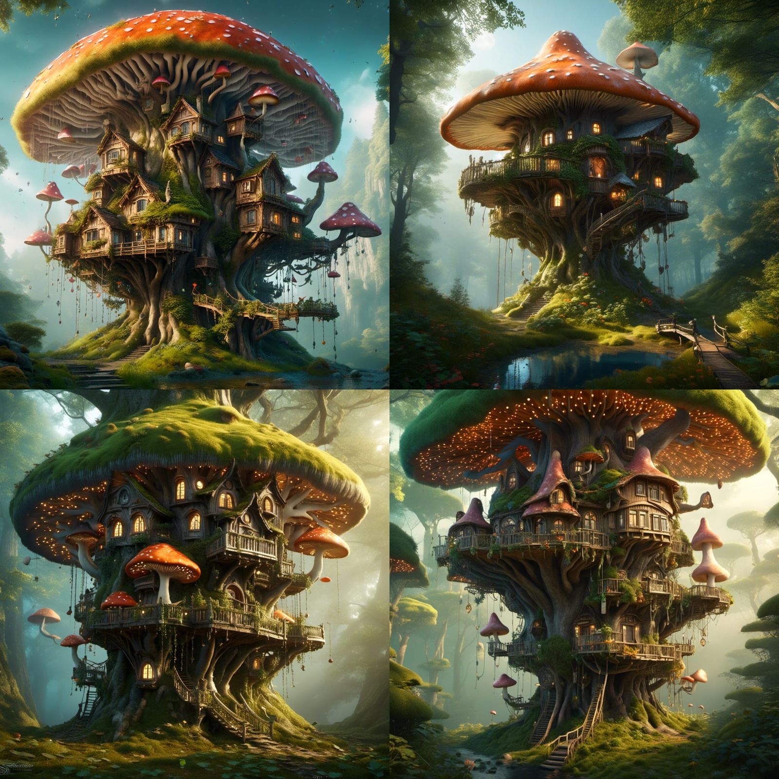 Sci-Fi Mushroom Treehouse in Alien Landscape