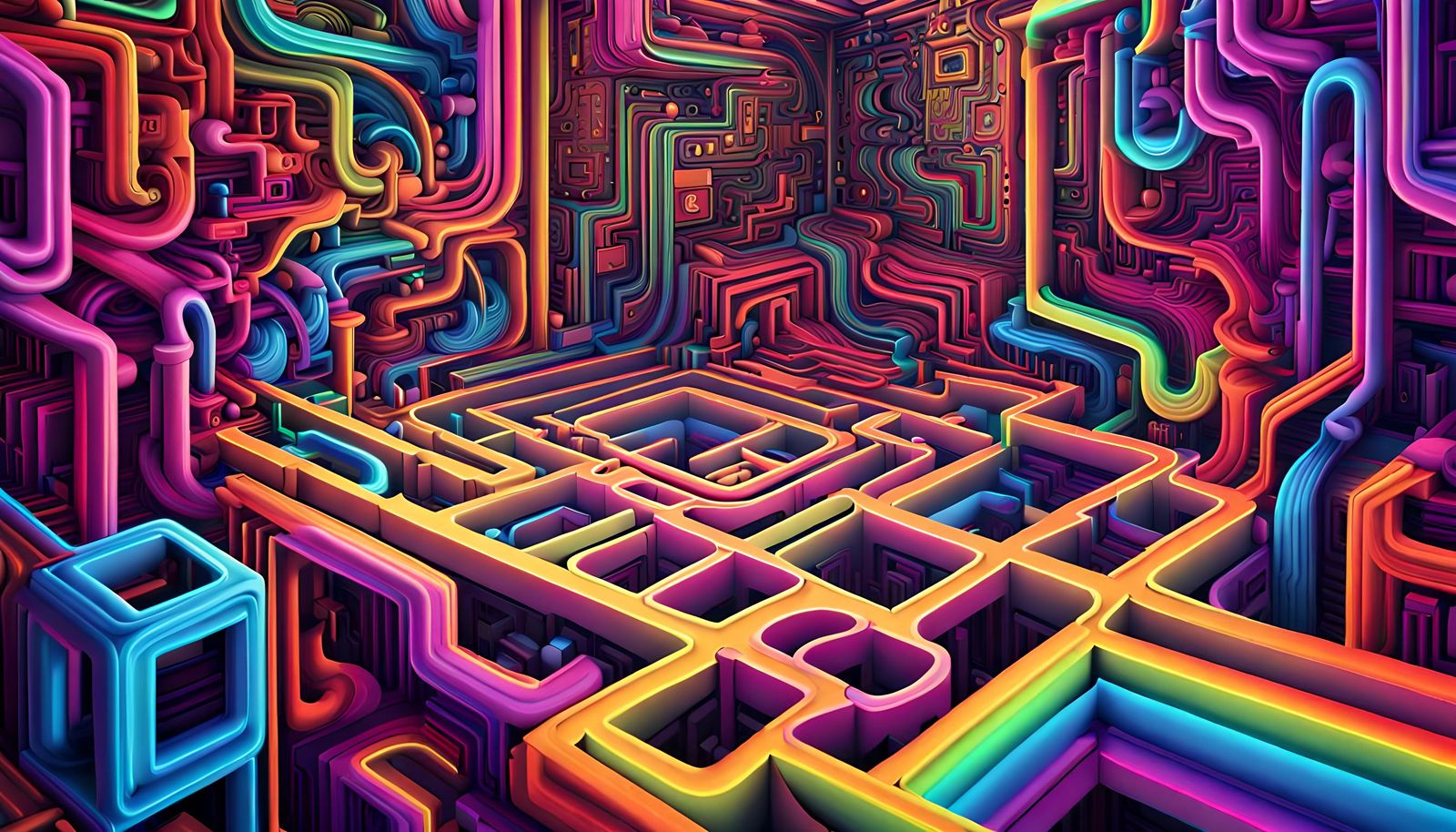 Neon Rainbow Vortex Maze in Escher Style