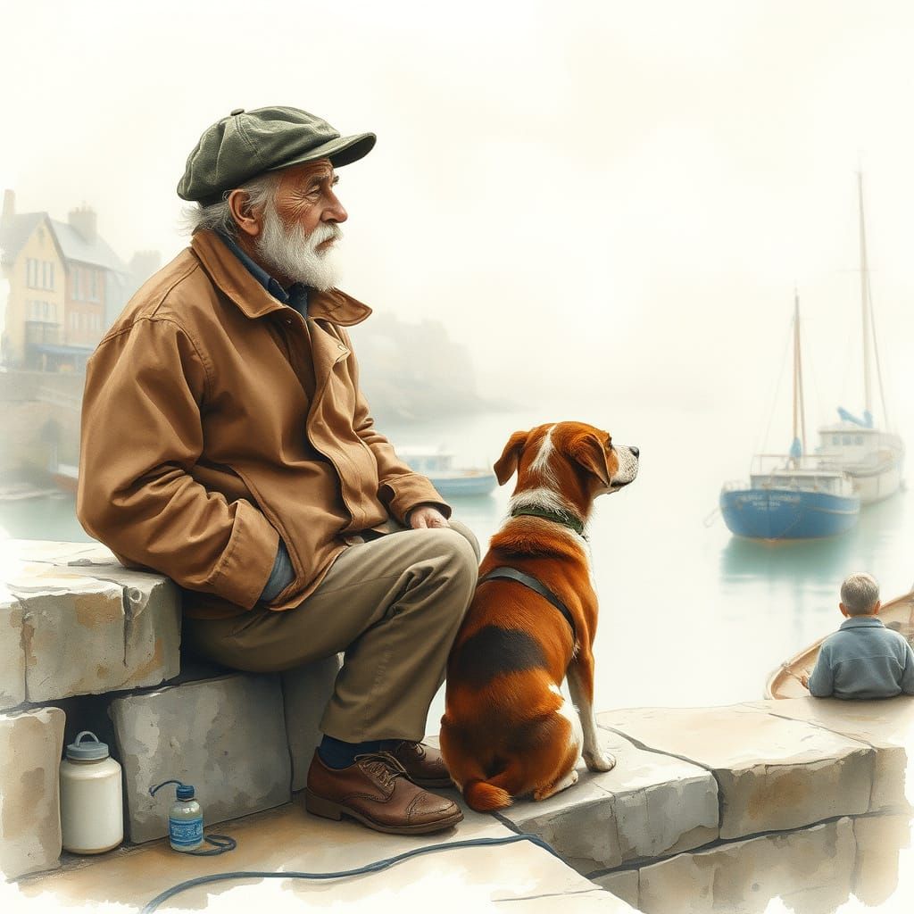 Old Fisherman and Faithful Dog on Quay
