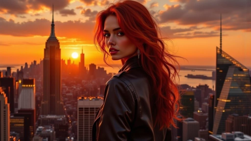 Redhead in Cyberpunk Cityscape with Dramatic Lighting
