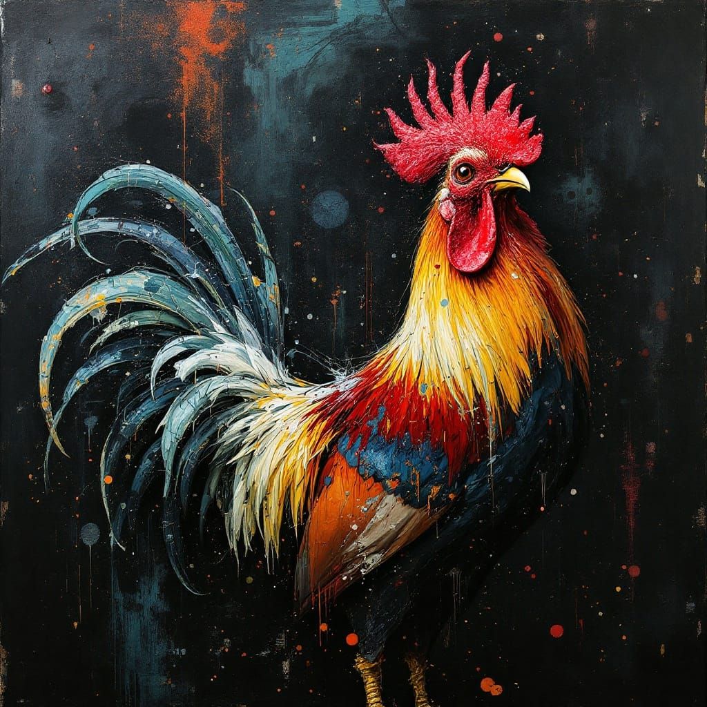 Abstract Rooster with Impasto and Photographic Elements