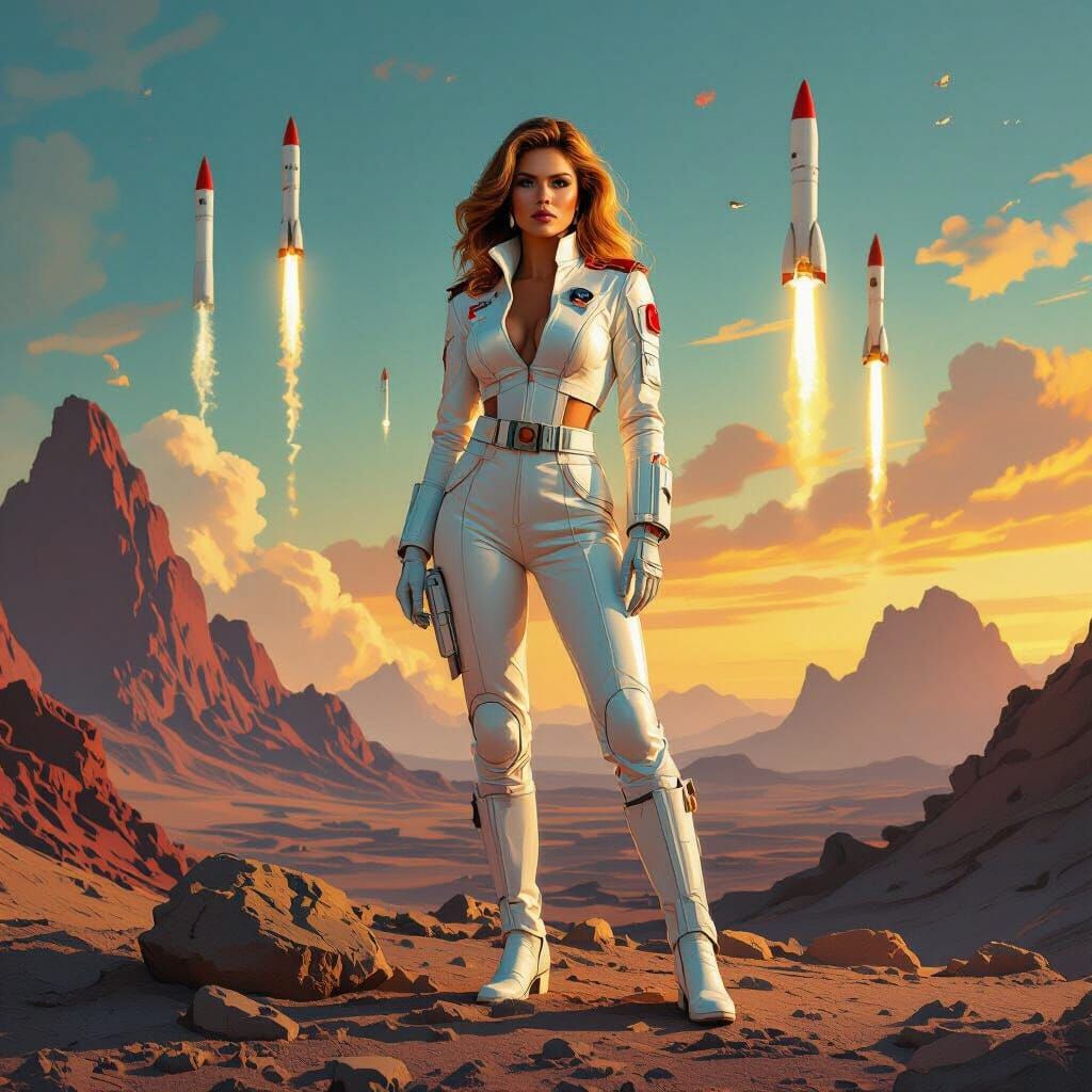 Futuristic Raquel Welch as Space Soldier, Abstract Expressio...