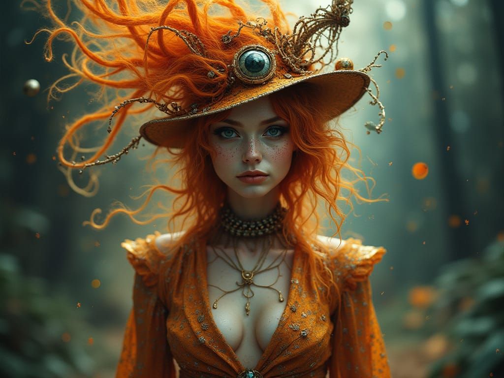 A statuesque woman with fiery ginger hair, an extremely wild and crazy hat and a sly, cross-eyed grin, clad in couture g...