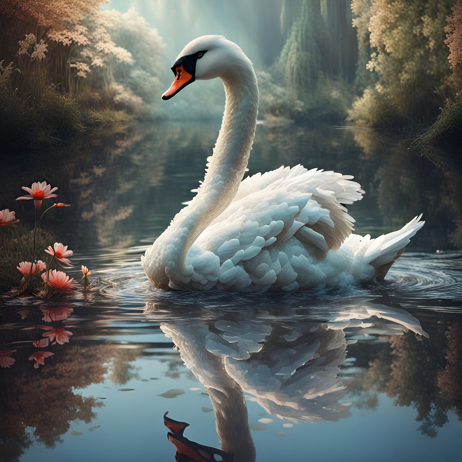 Elegant Swan Reflection: Detailed Digital Art