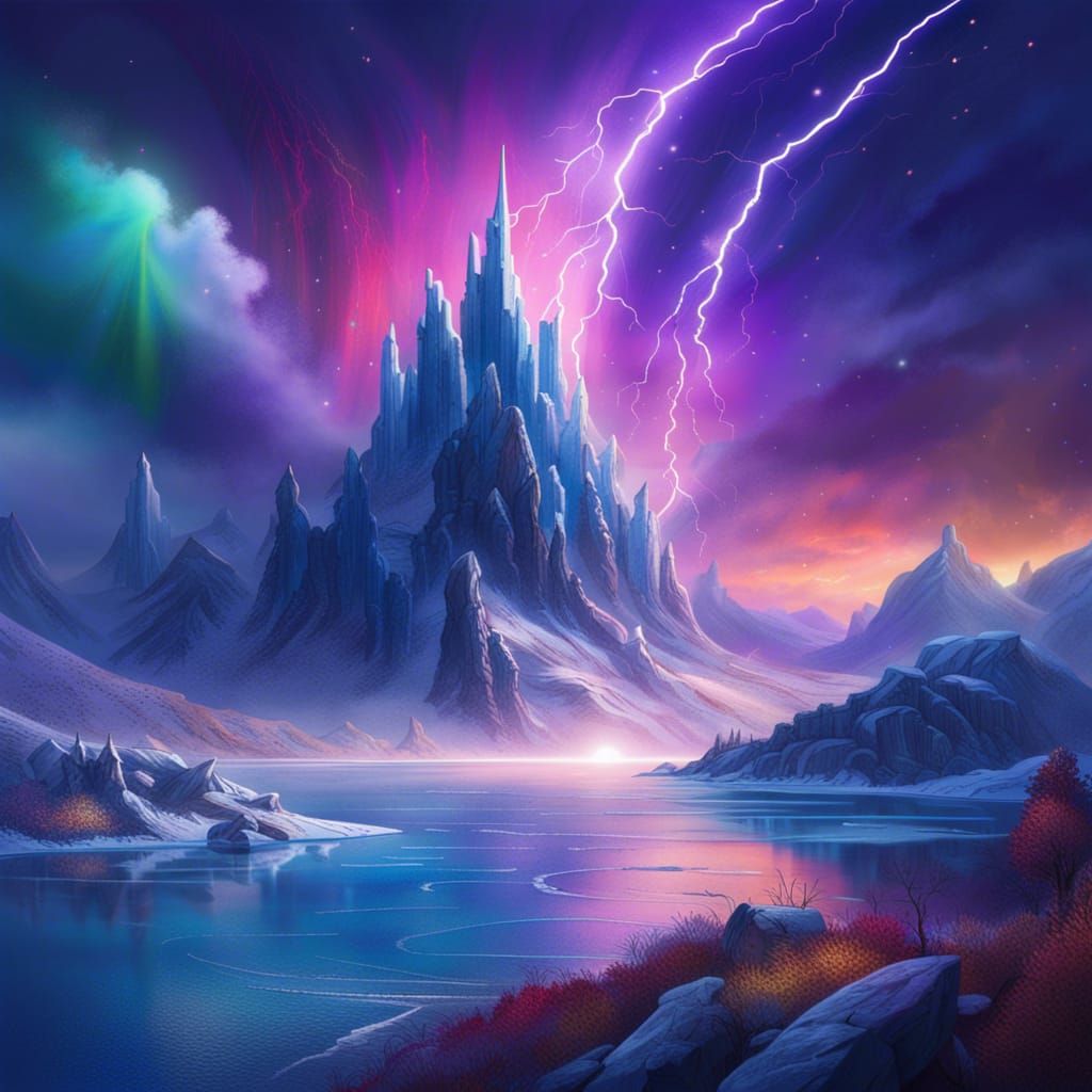 Icy Lake Landscape with Lightning Strike