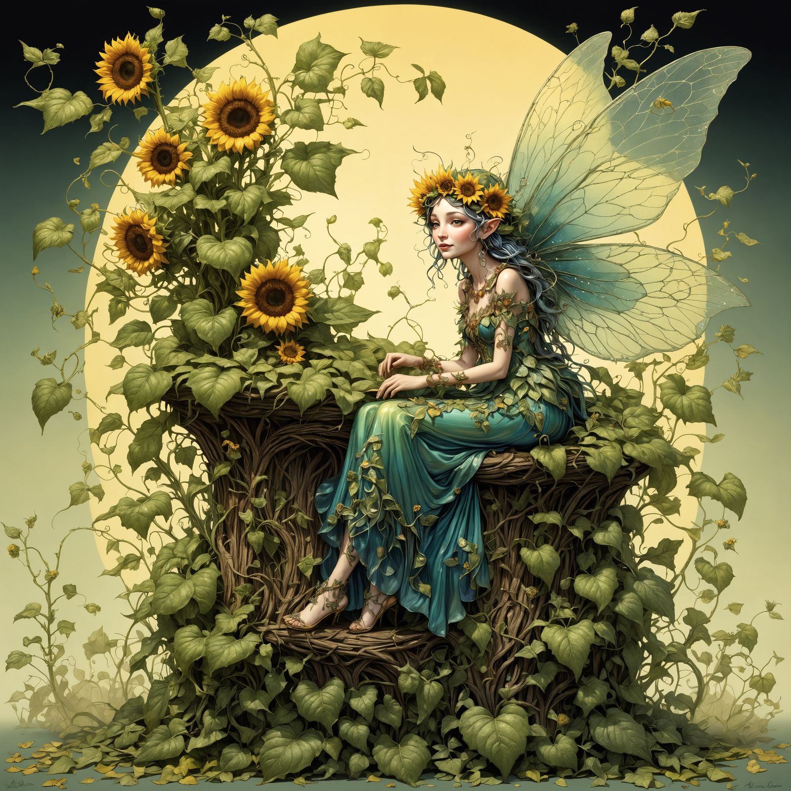 Whimsical Fae Fairy in Sunflower Head, Iridescent Wings, and...