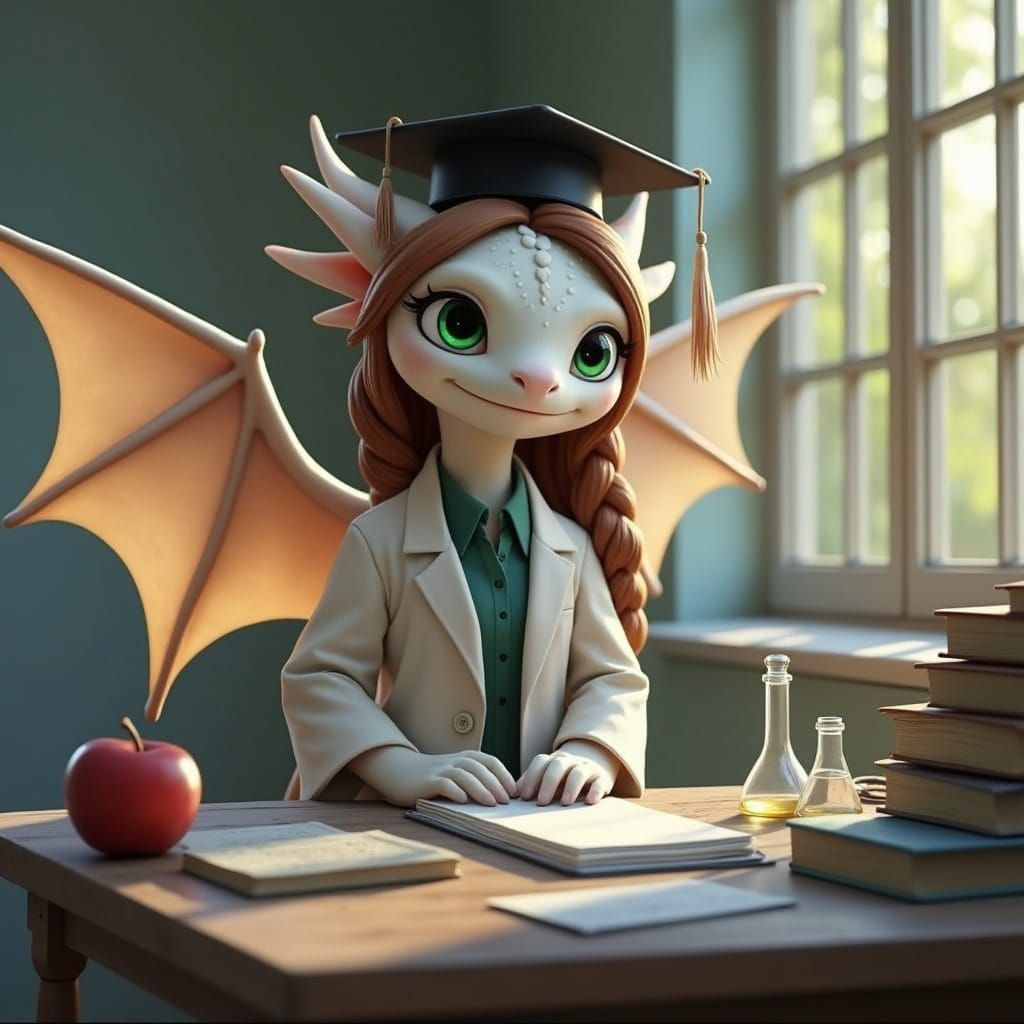Gentle Dragon Scholar in a Whimsical Study
