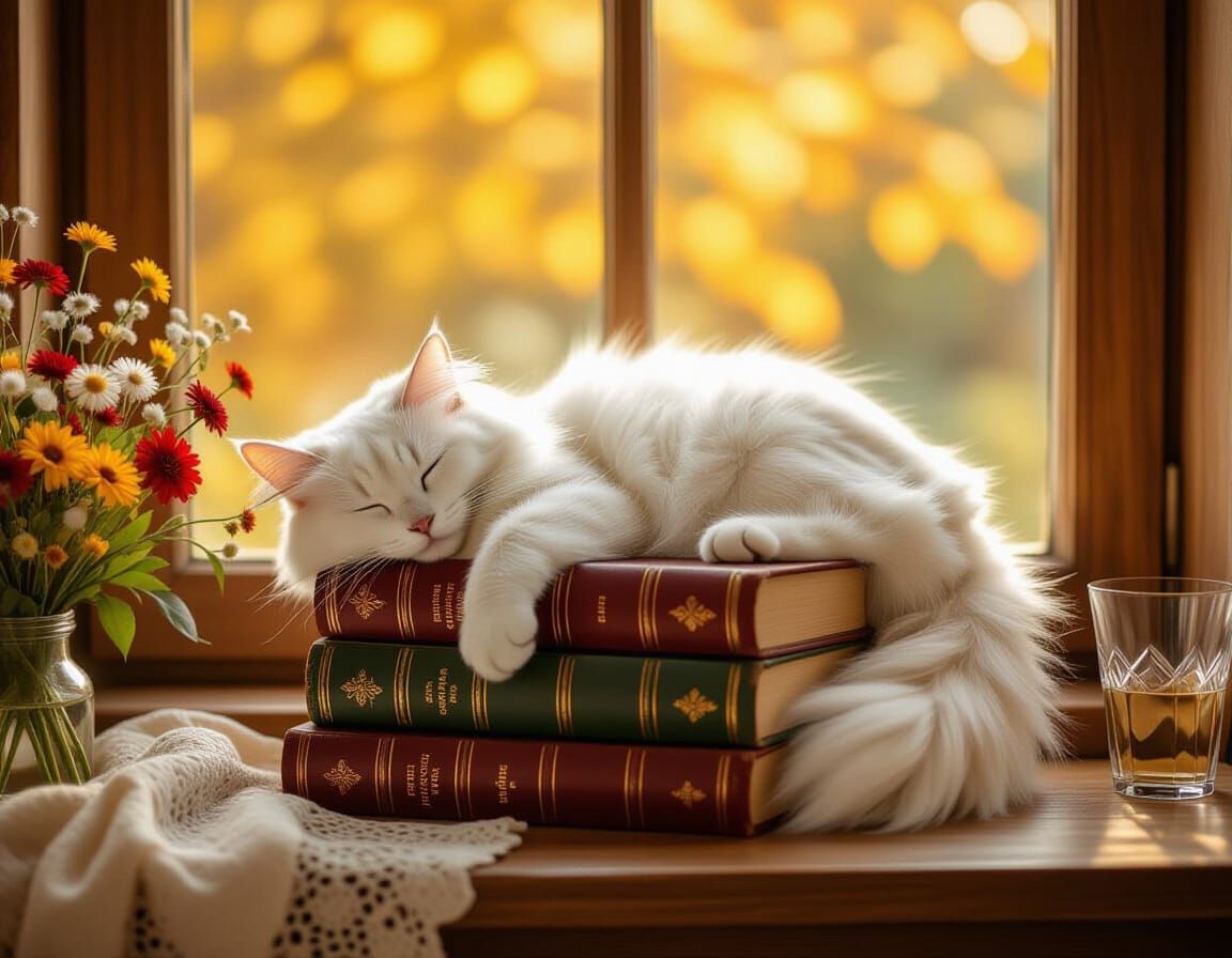White Cat Nap on Antique Books, Hyperrealistic Photography