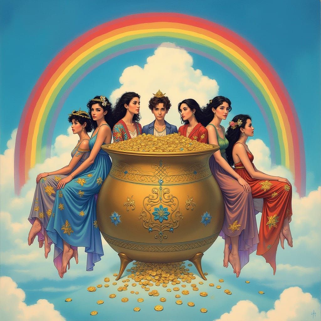 Whimsical Gathering on a Vibrant Rainbow in a Dreamy, Fantas...