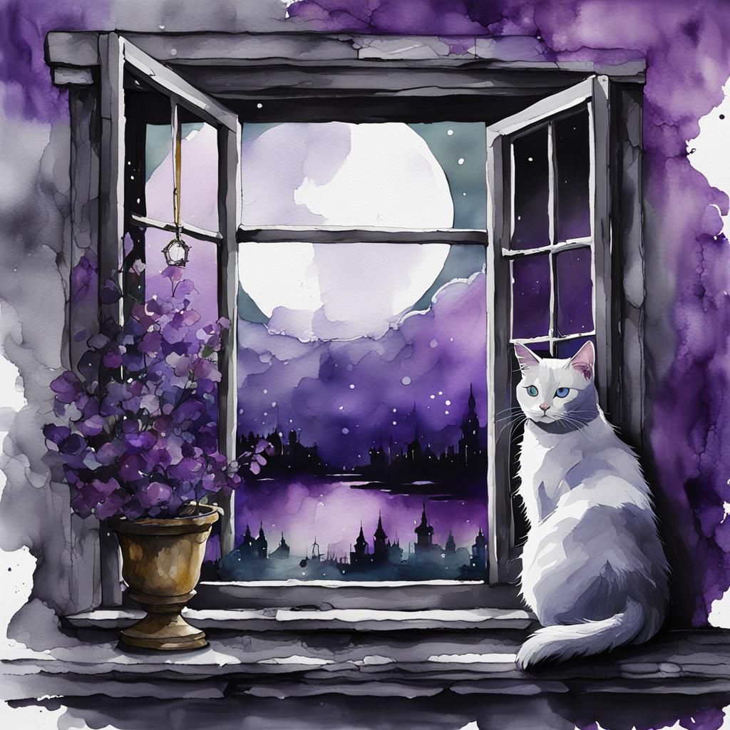 Minimalist Watercolor Cat in Window at Evening