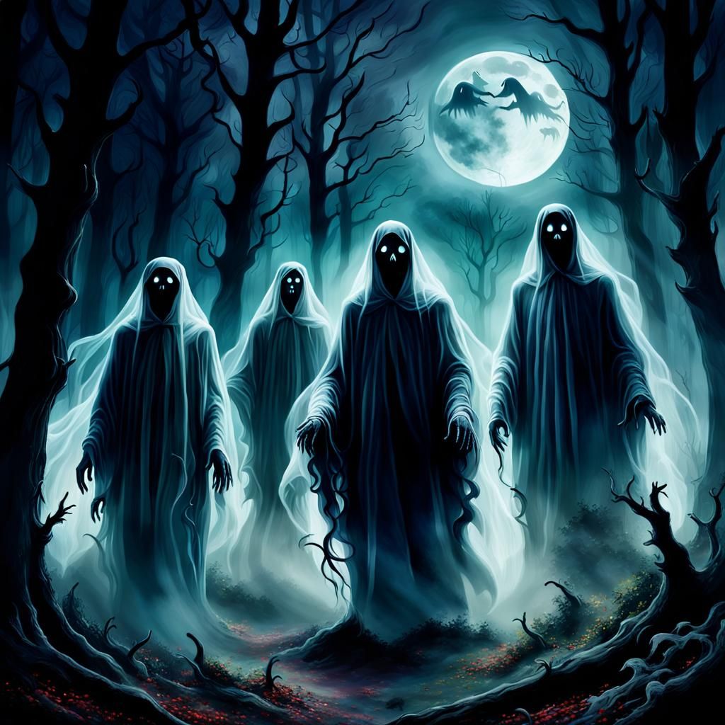 Ghostly Figures in Haunted Forest Digital Painting