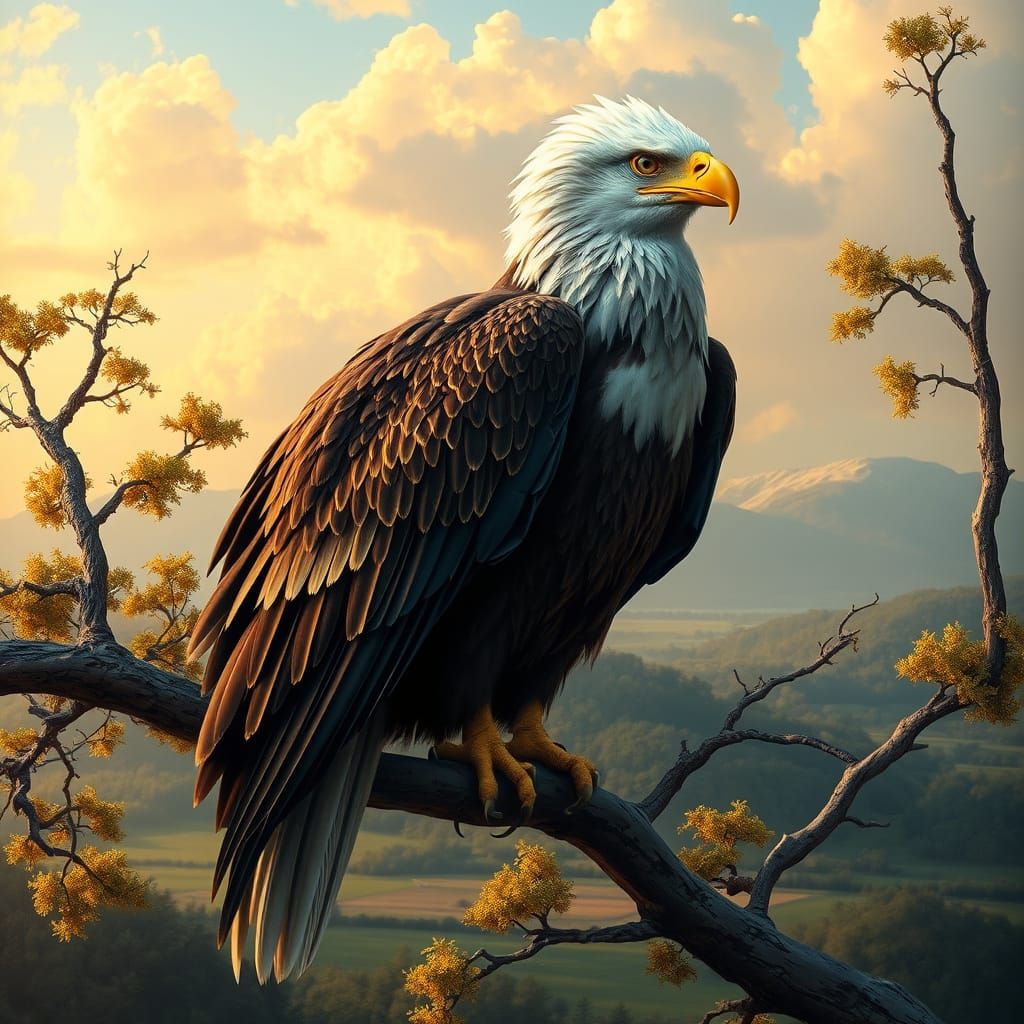 Majestic Eagle Perched on Branch in Golden Light