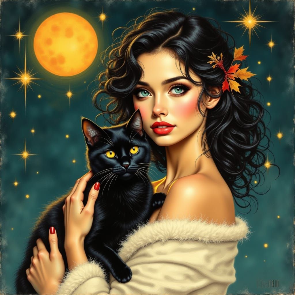 Vintage Illustration of Woman with Cat and Moon