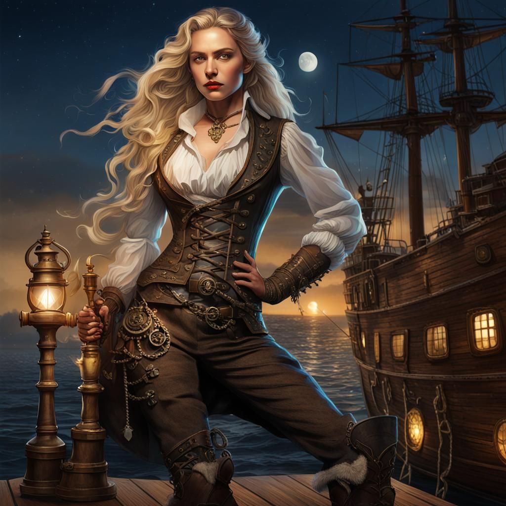 Steampunk Pirate Woman on Dock at Night