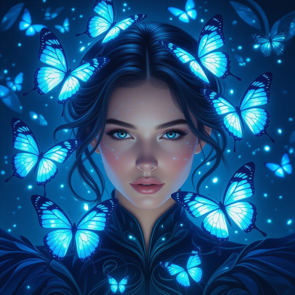 Bioluminescent Butterflies Swirling Around Woman: Art Concep...
