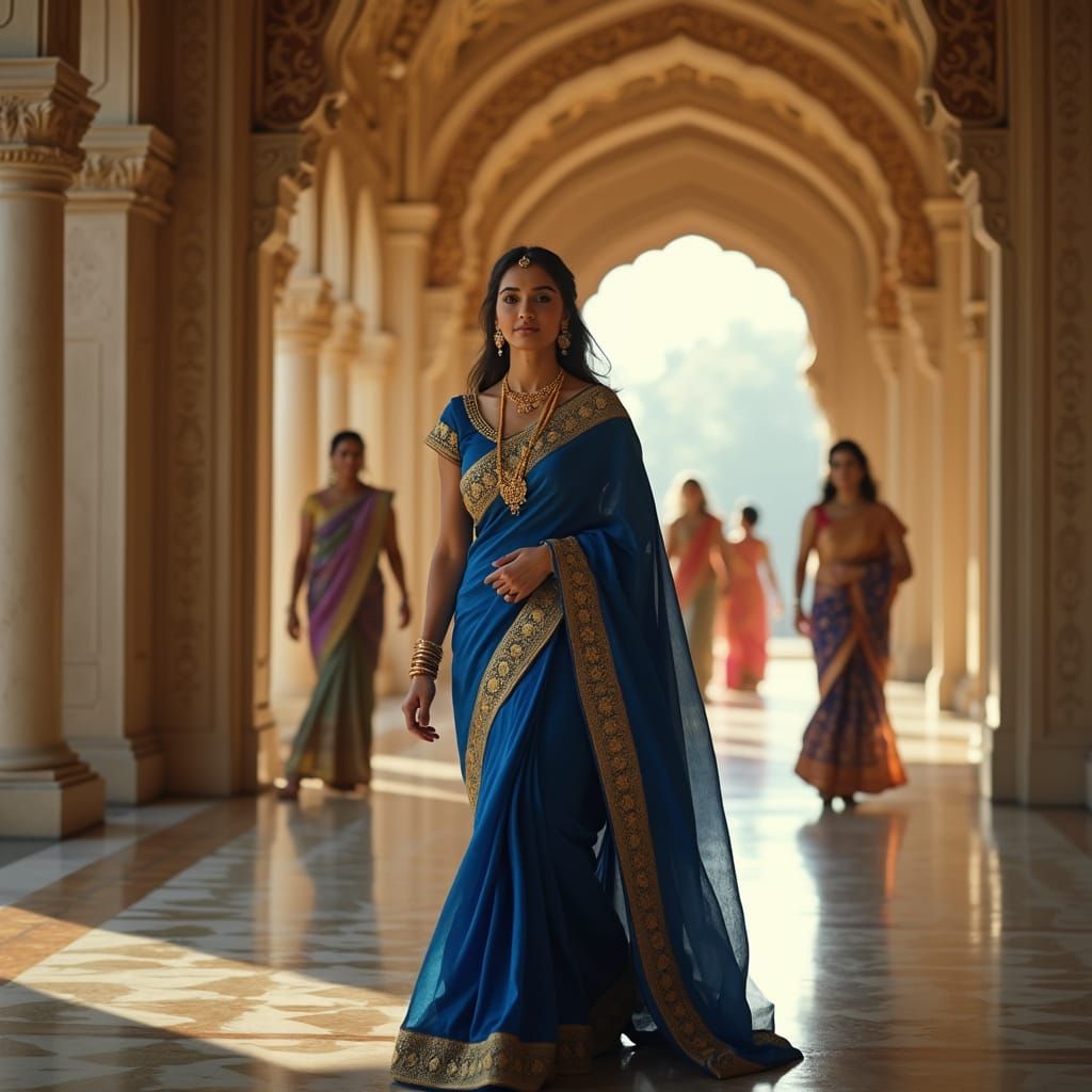 Elegant Queen Walks Palace Corridor in 4K Photorealistic Sty...