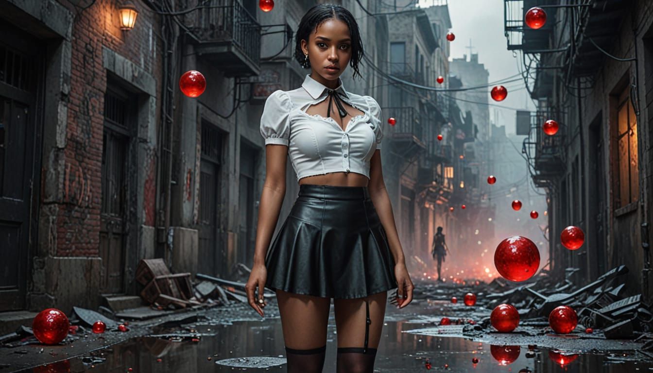 Dominican Woman in Dark City with Magic Orbs