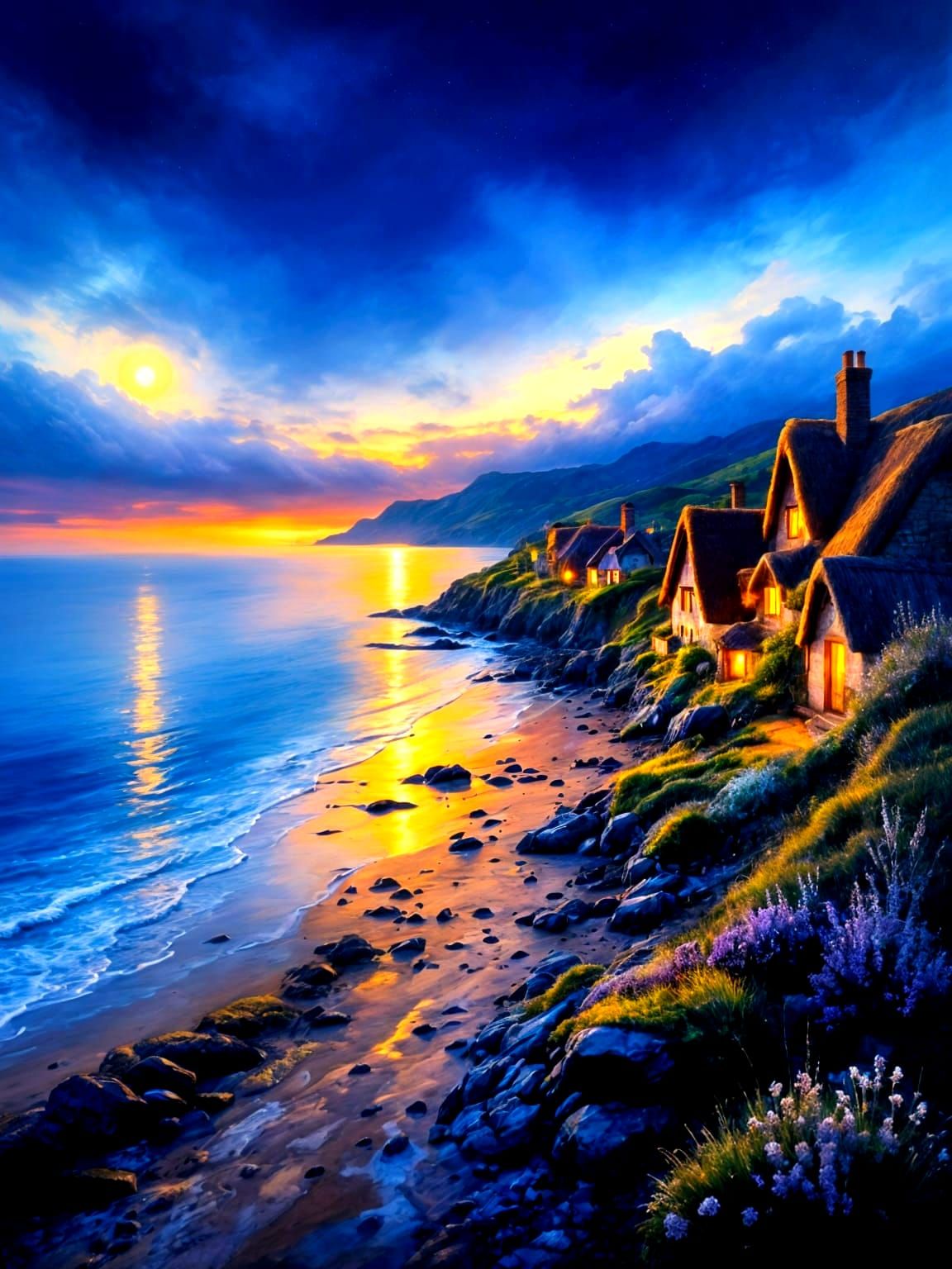 Serene Cornish Coast Twilight Scene in Oil Painting Style