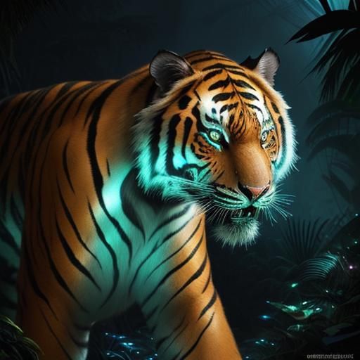 Bioluminescent Tiger in Magical Jungle: Digital Matte Painti...