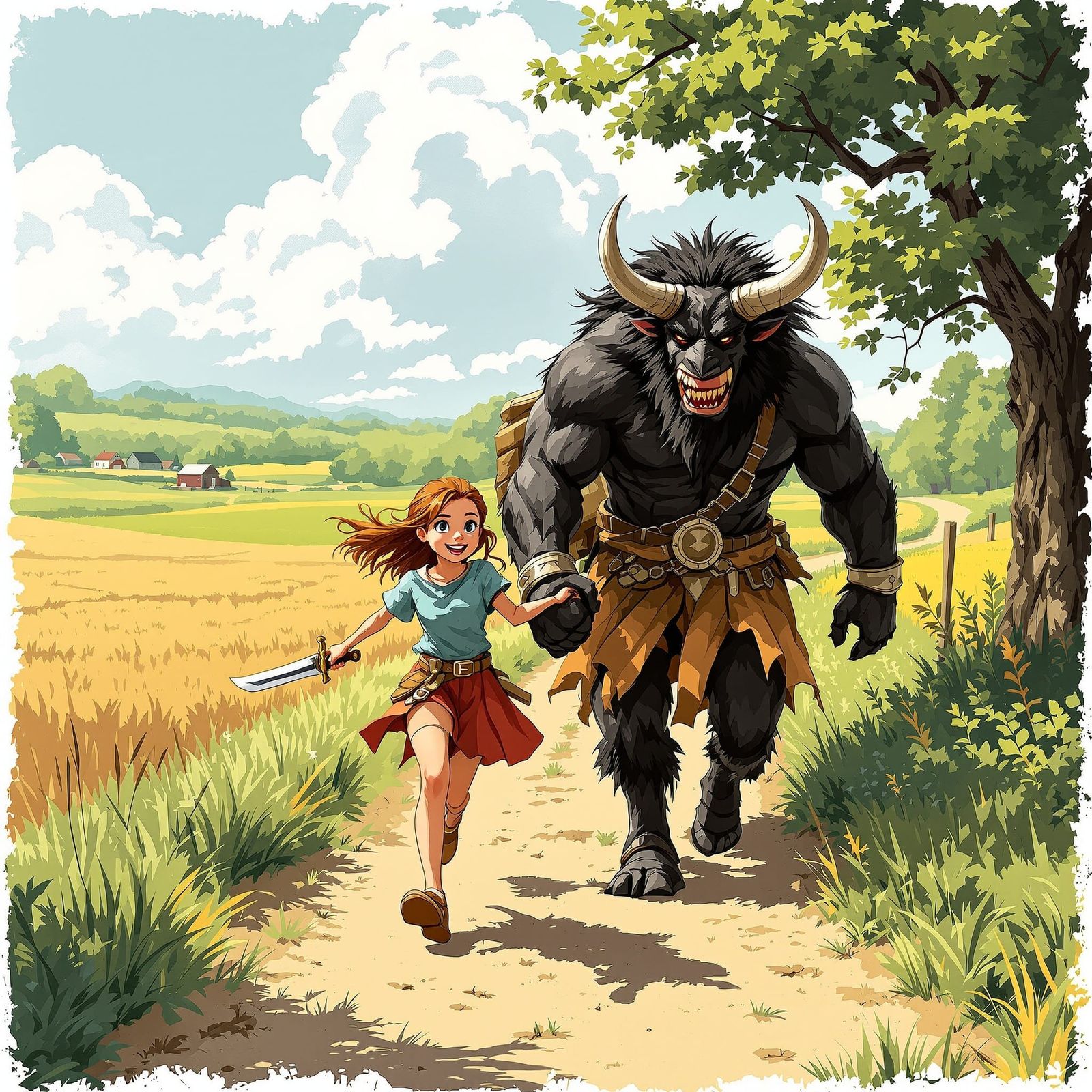 Brave Girl and Minotaur Adventure on Sunny Farm Trail