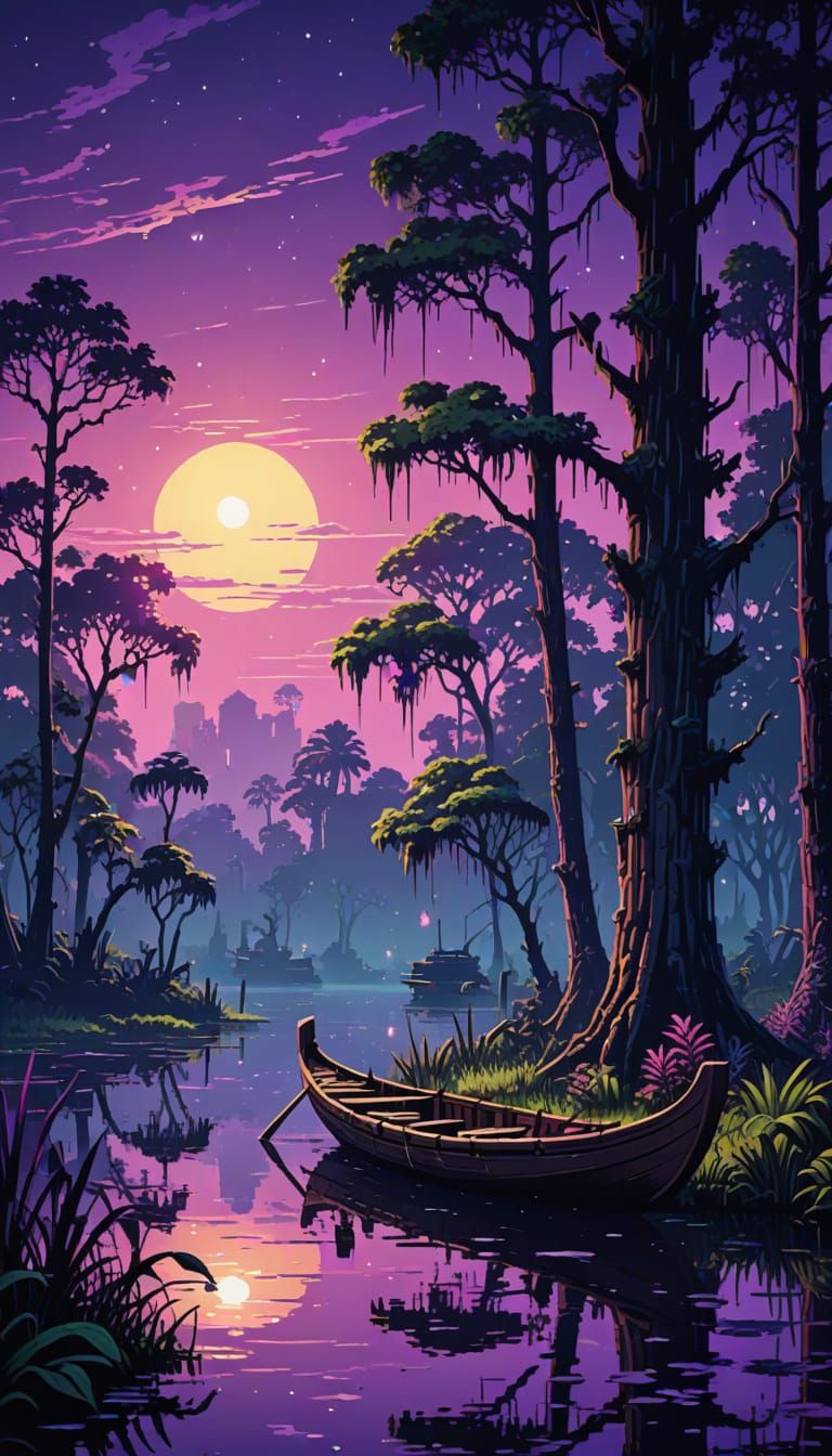 Mystical Louisiana bayou at twilight, ancient cypress trees ...