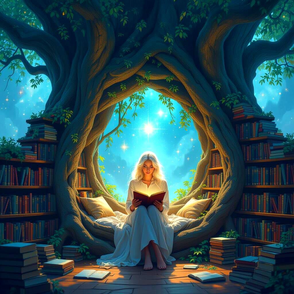Cozy Reading Nook in Ancient Tree with Starlit Hair