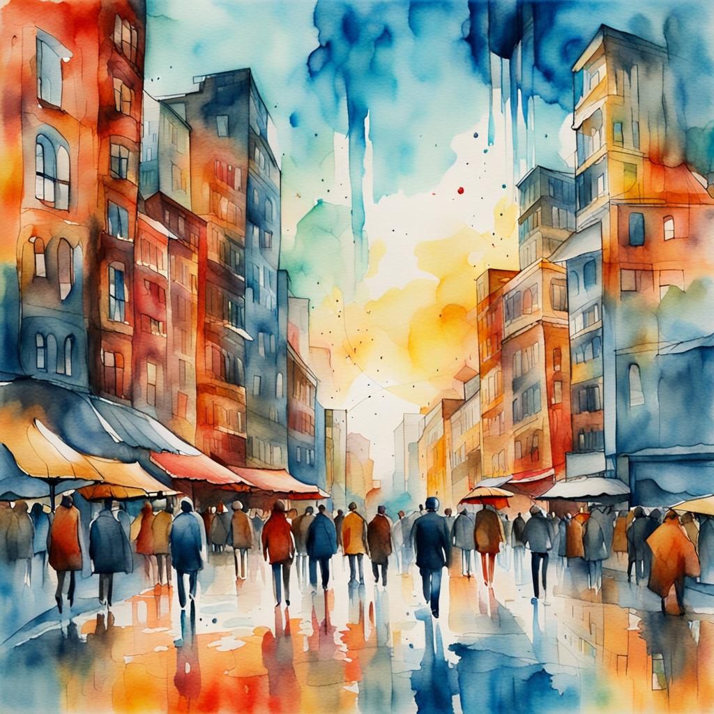 Dreamy Watercolor Cityscape with Abstract Buildings