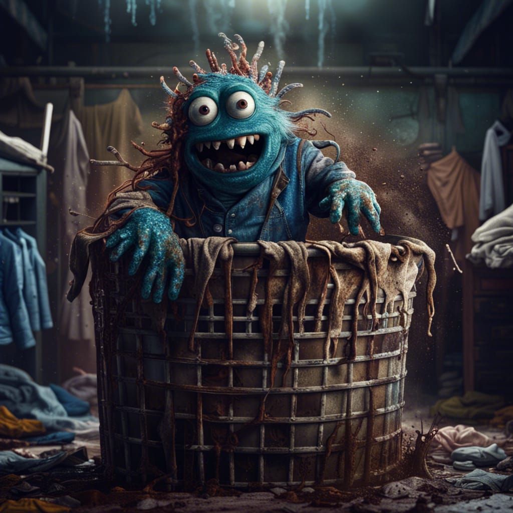 Muddy overalls Monster emerging from dirty laundry basket making messy stains on other clean clothes.
