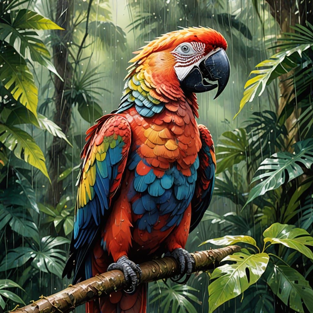 Surreal Parrot Thrives in Tropical Stormscape with Radiant S...