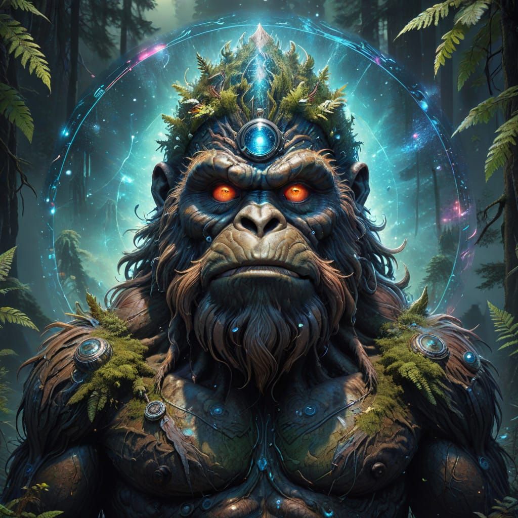 Cosmic Sasquatch Circle in Vibrant Holographic Style
