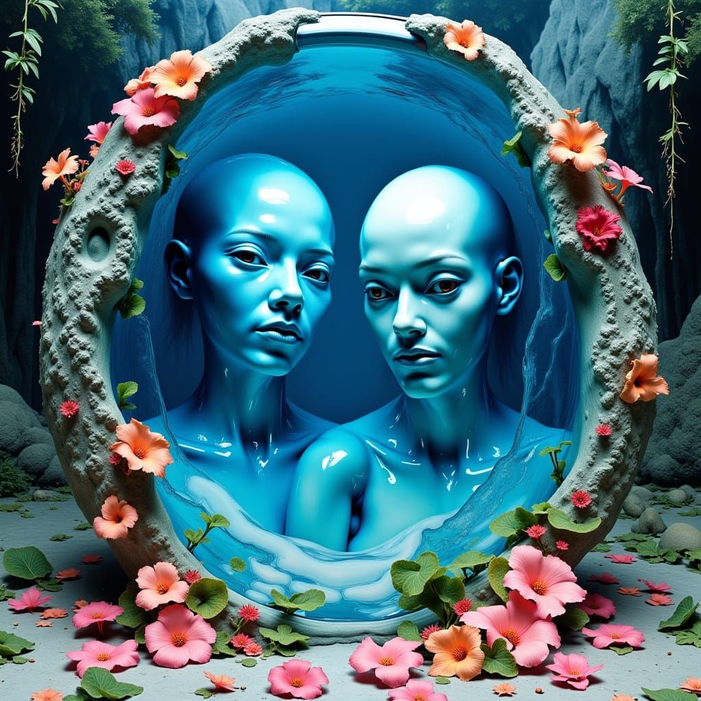 Unstable Portal Between Alien Heads with Upside Down Flora