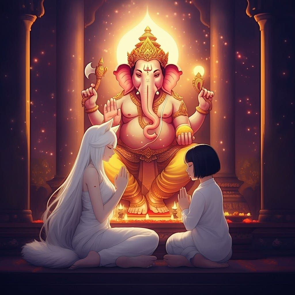 Women Praying to Ganesha in Anime Style