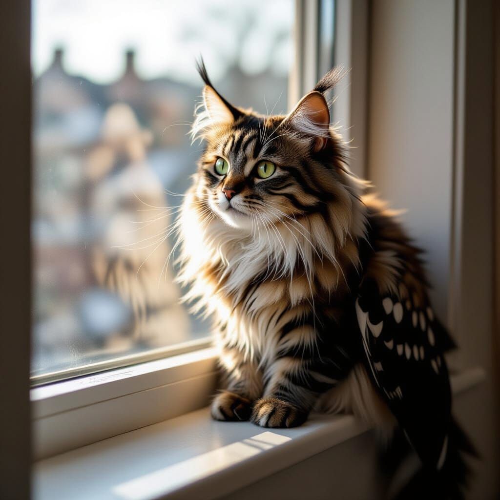 Cat-Bird Hybrid on Windowsill in Morning Light