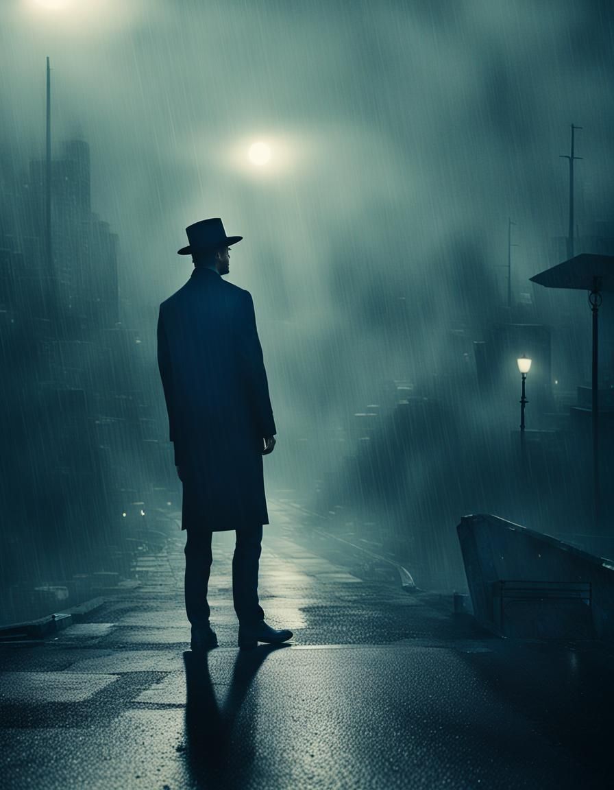 Neo-Noir Man Lost in Rainy City Street