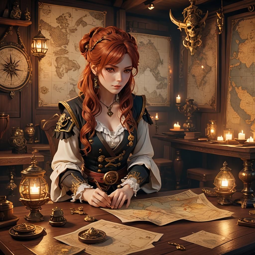 Anime Pirate Queen Examines Map in Captain's Quarters