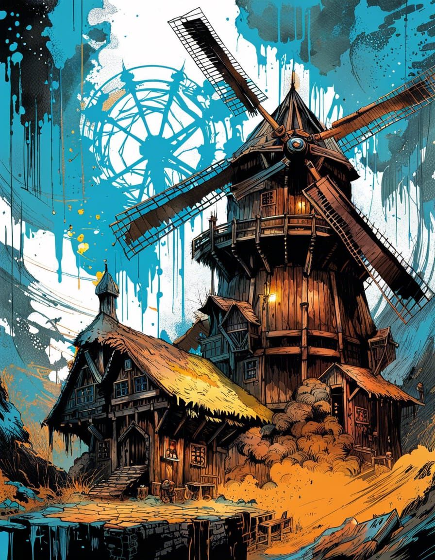 Steampunk Dwarven Windmill in Medieval Village