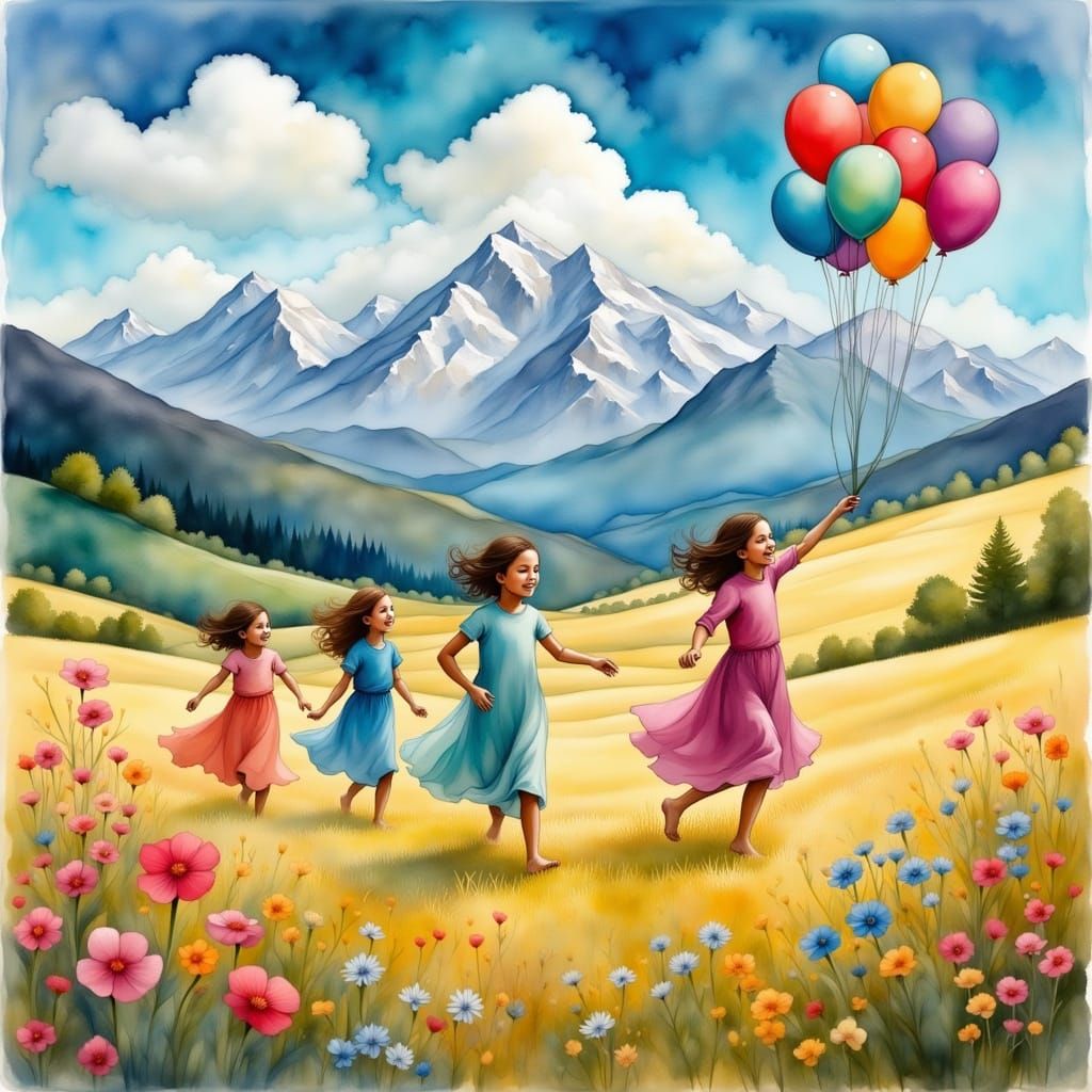 Joyful Children in a Vibrant, Sun-Drenched Landscape