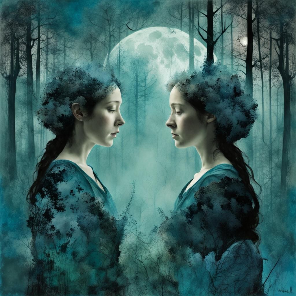 Entangled Sisters and Enchanted Forest in Art Brut Style