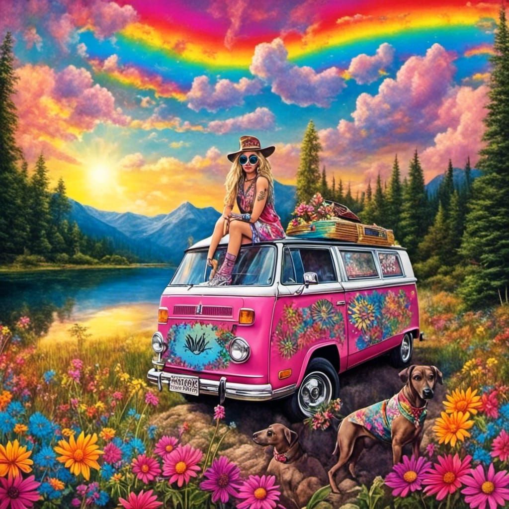 Colorful 1970s Hippie Scene with Psychedelic Art
