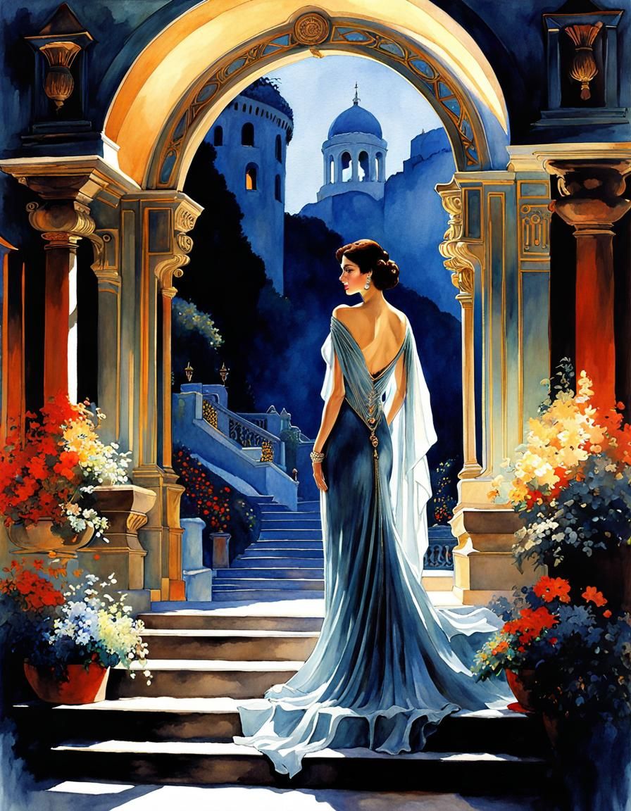 Romantic Dark Fantasy Art Deco Woman in Watercolor