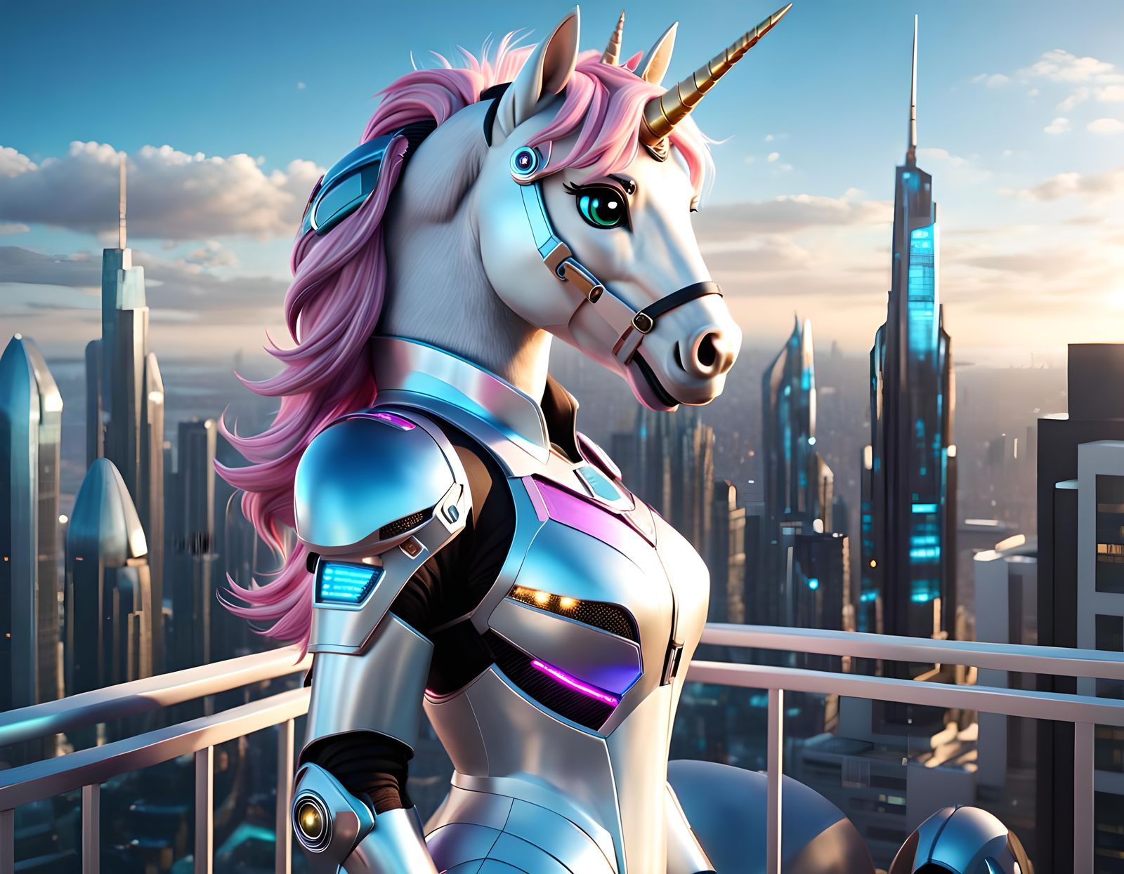 realism, A furry (anthropomorphic) female unicorn wearing a jumpsuit standing on a balcony looking at the view of a futu...