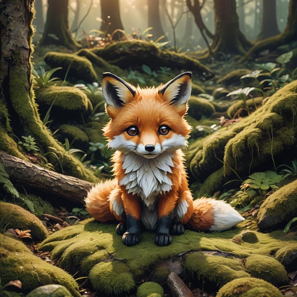 Chibi Fox on Moss in Joseon Dynasty Style