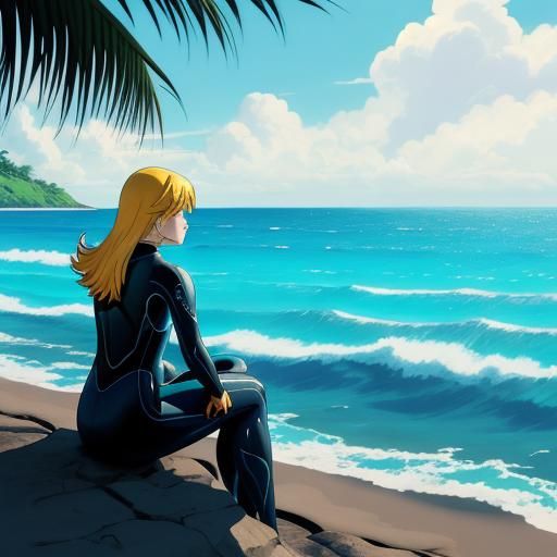 Female Surfer on Tropical Beach in Anime Style