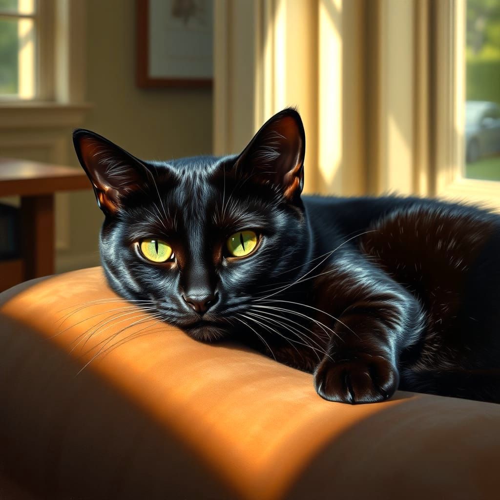 Sleek Black Cat at Ease in Oil Painting