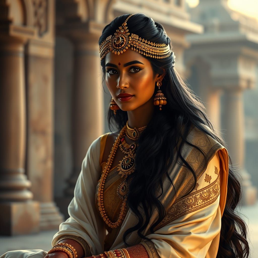 Regal Indian Goddess in Majestic White and Gold Sari