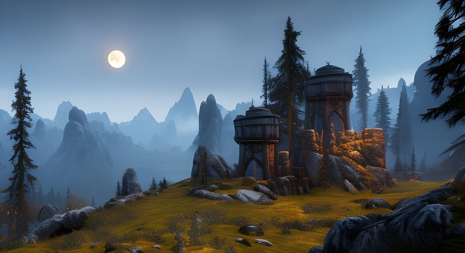 Fantastical Moonrise Over Skyrim: Detailed Matte Painting