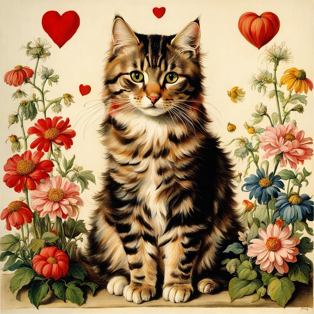 Cute Cat with Flowers in Dürer Style