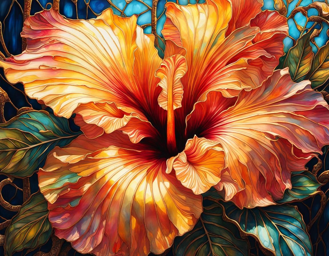 Stained Glass Hibiscus in Digital Watercolor Style